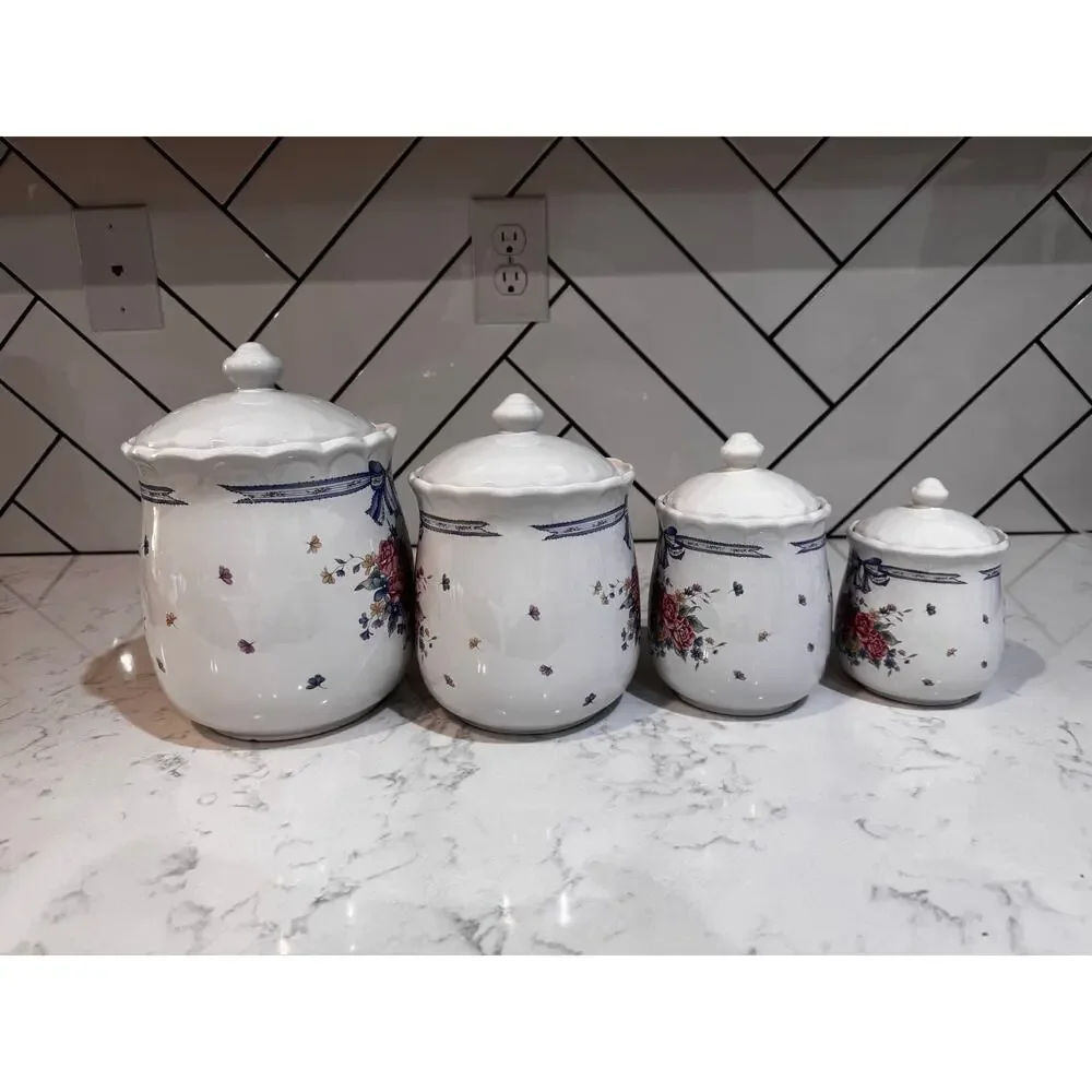 four ceramic kitchen canisters floral bouquet blue ribbon bow 90s cotton prairie